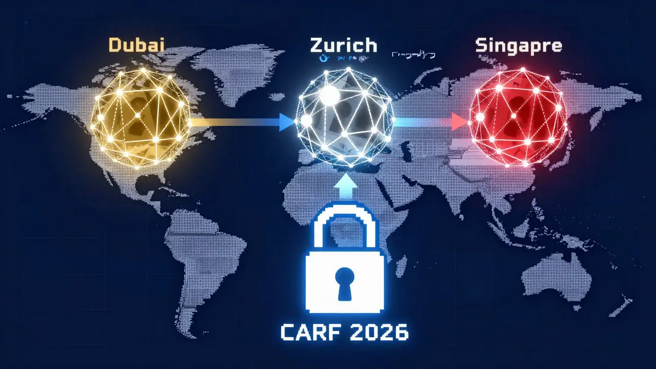 Pixel art map showing global crypto hubs and CARF 2026 regulatory transparency locks.