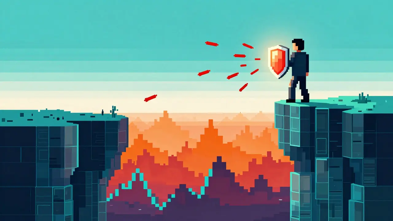 Pixel art of a figure holding a shield against digital market risks