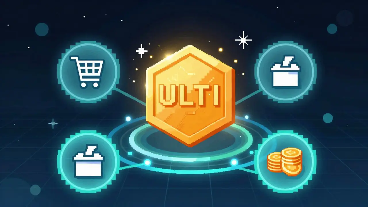 Pixel art of a glowing hexagonal token surrounded by symbols for gaming and finance