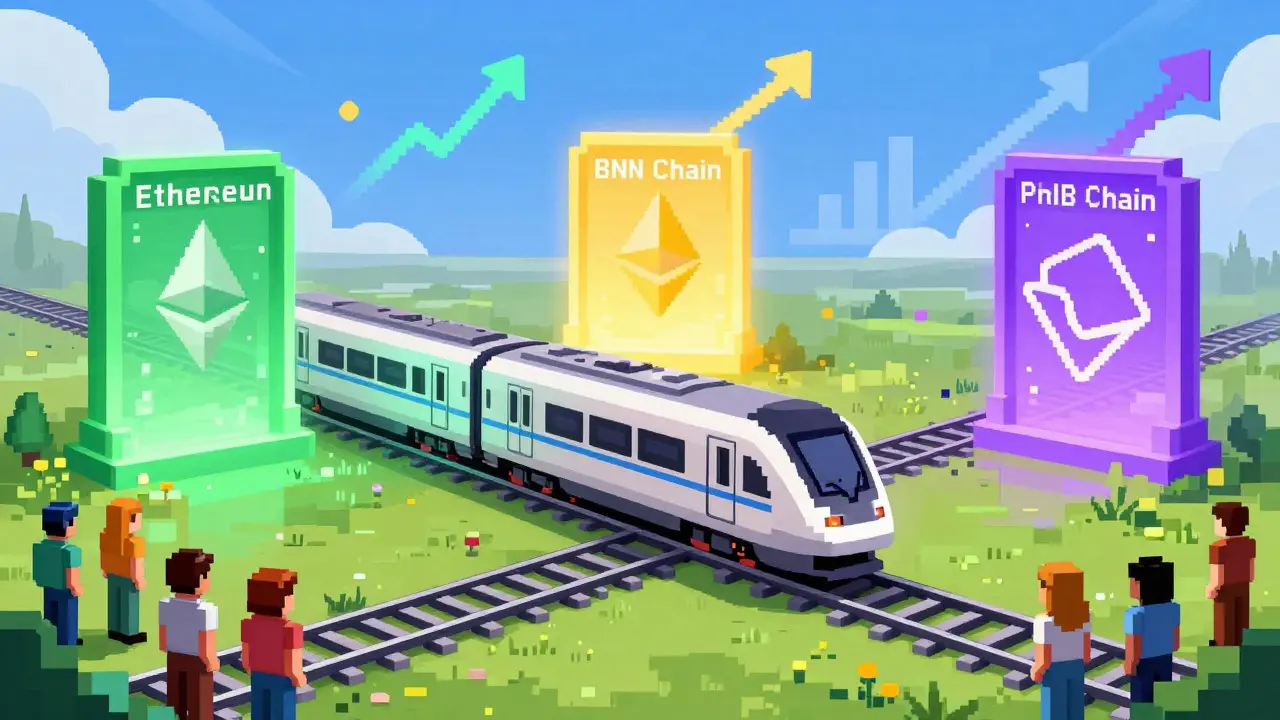 Pixel art of a light train traveling through portals representing different blockchains