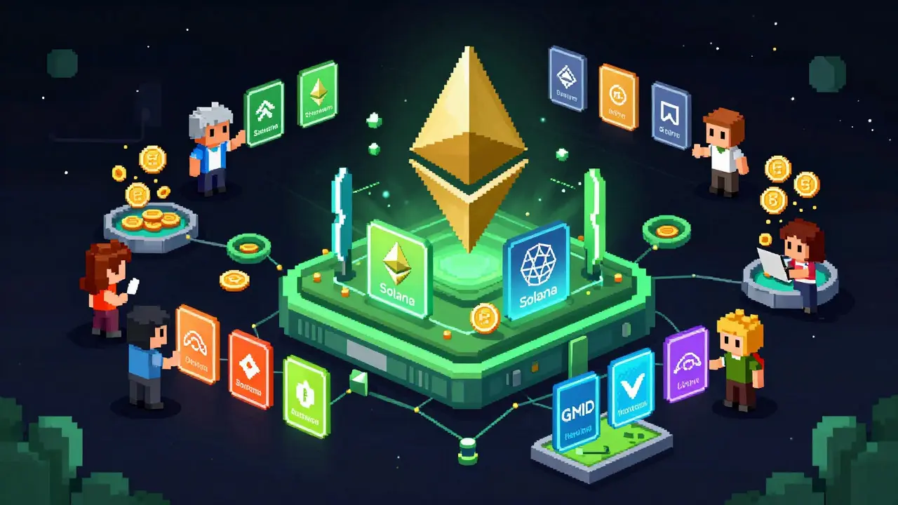 Pixel art of a multichain gaming hub with NFTs and staking pools