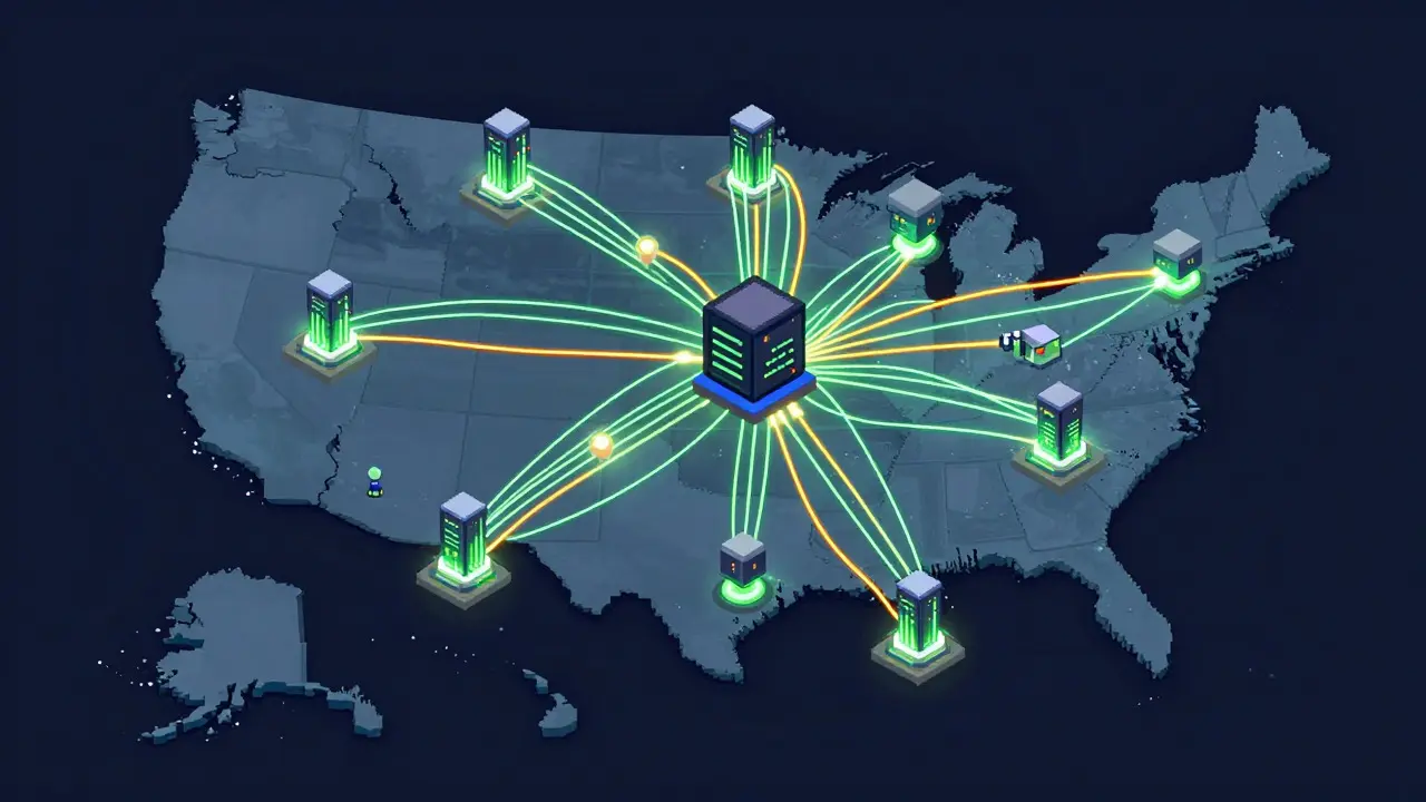 Pixel art of a network upgrading to quantum-resistant encryption.