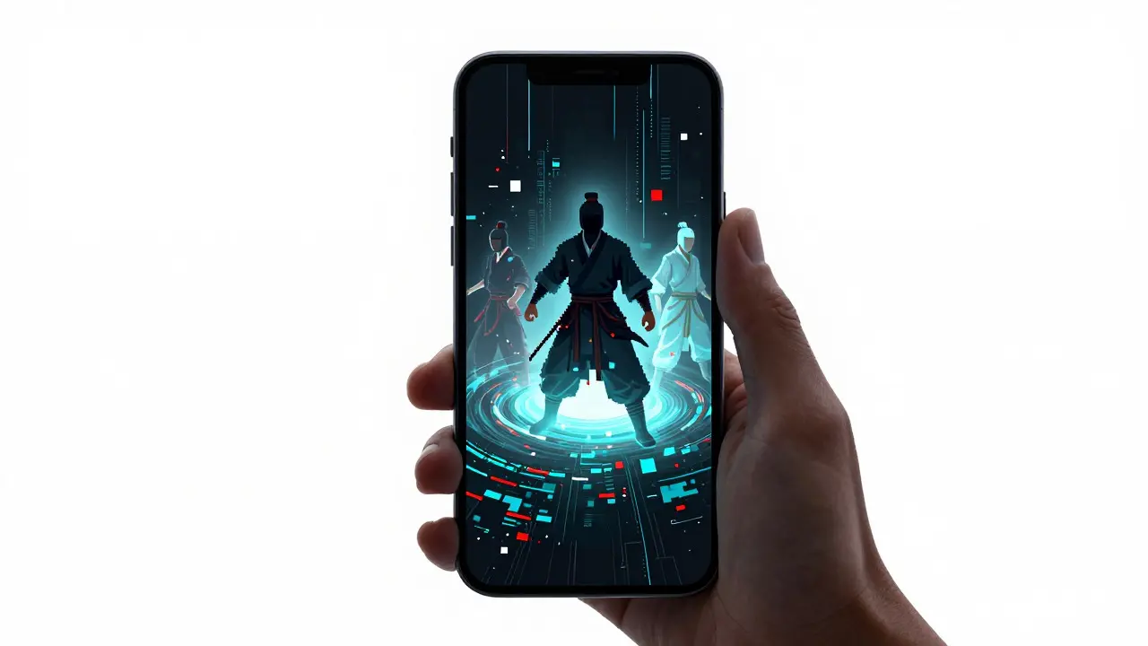 Pixel art of a phone emitting fading ghostly martial arts warriors