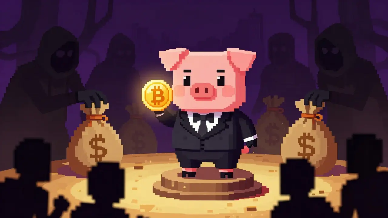Pixel art of a pig scammer offering bait while shadows steal money