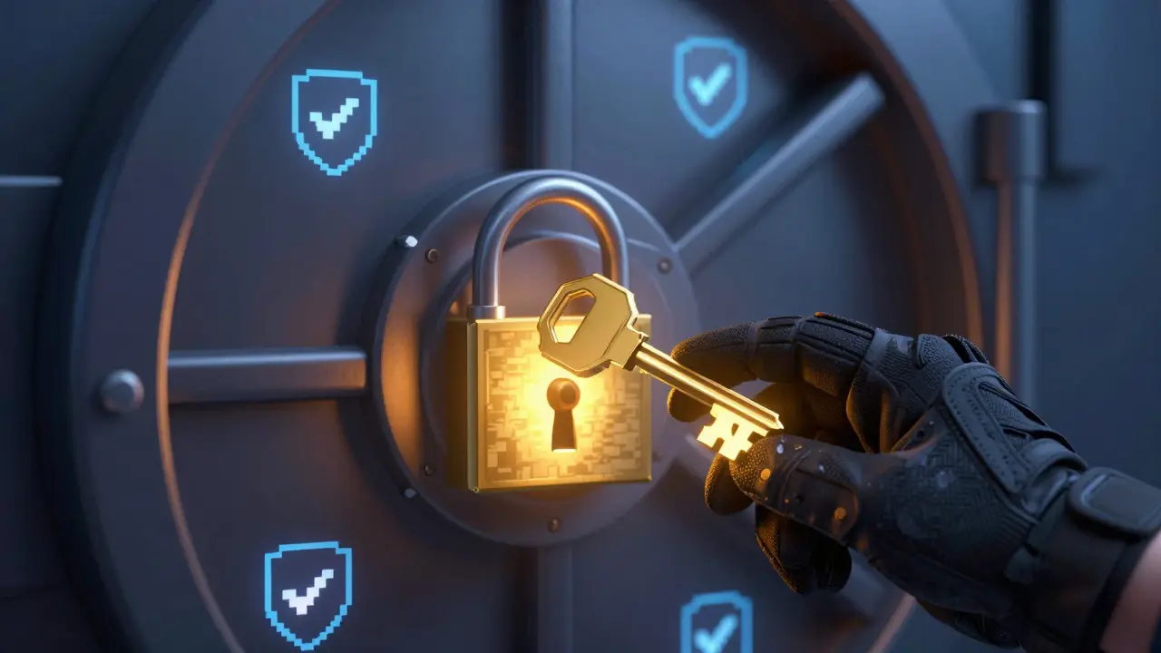 Pixel art of a secure digital vault with a glowing NFT key