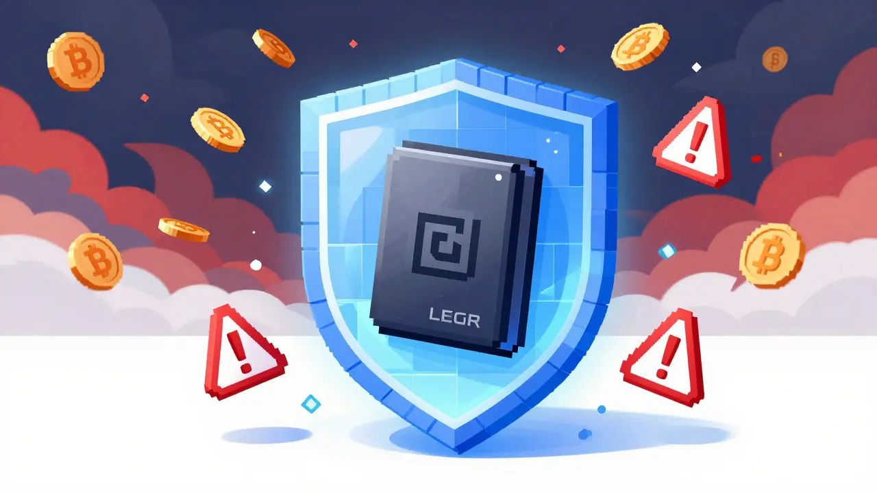 Pixel art of a secure hardware wallet protected by a blockchain shield