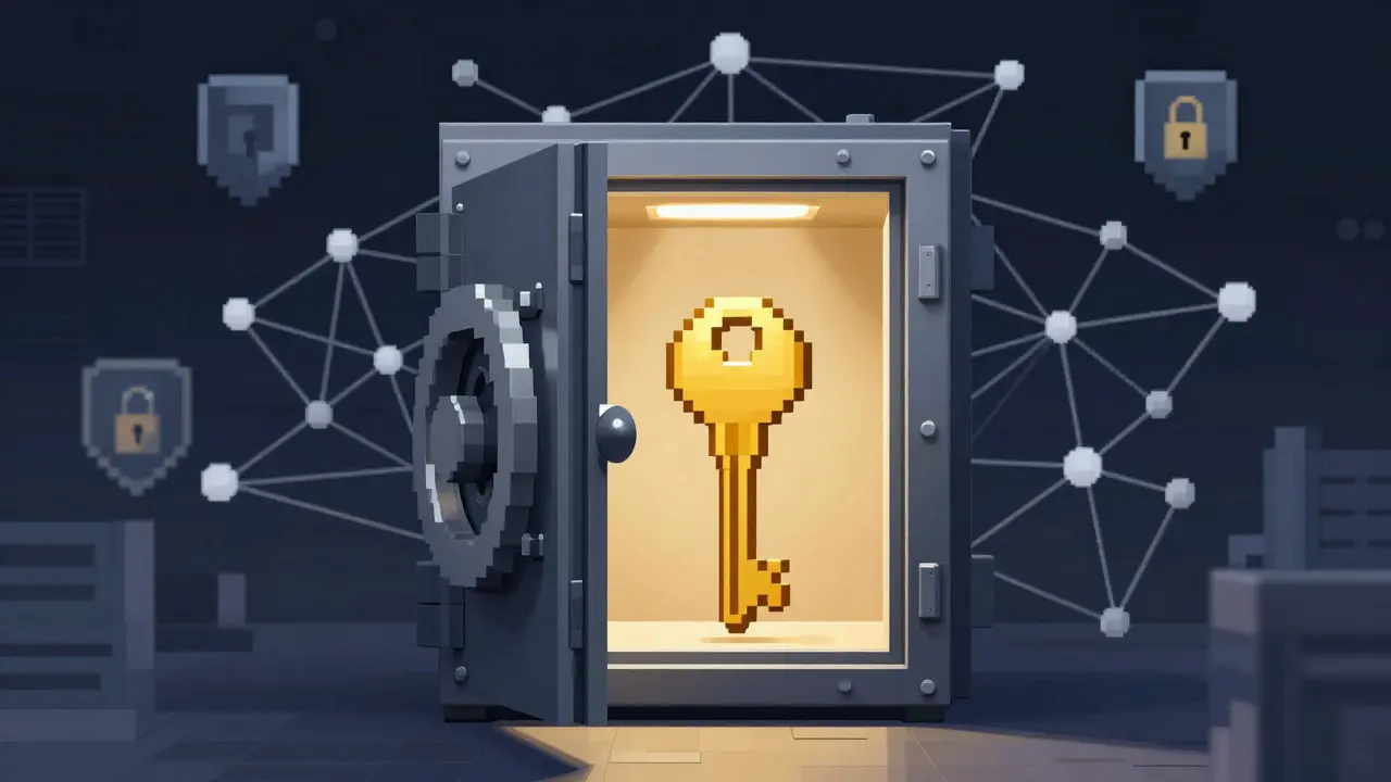 Pixel art of a secure vault containing a golden key behind a network shield