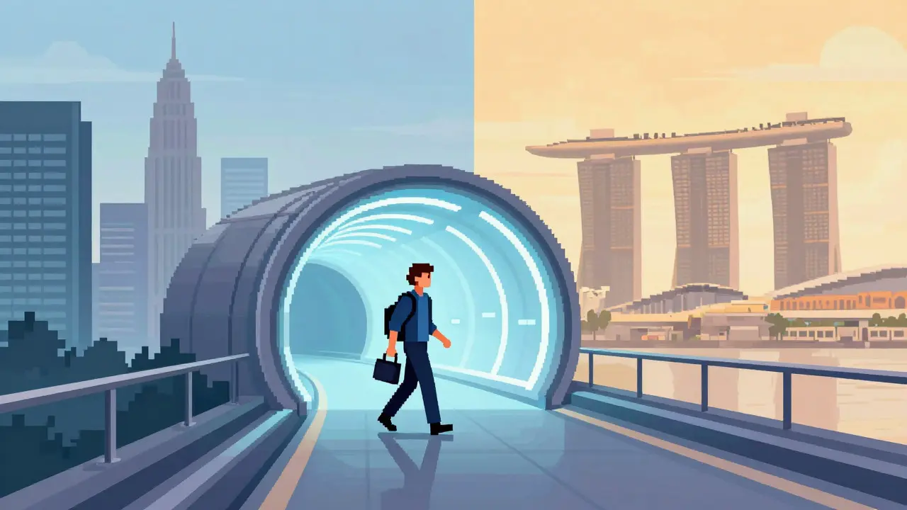 Pixel art of a traveler moving seamlessly between two cities via a digital light tunnel