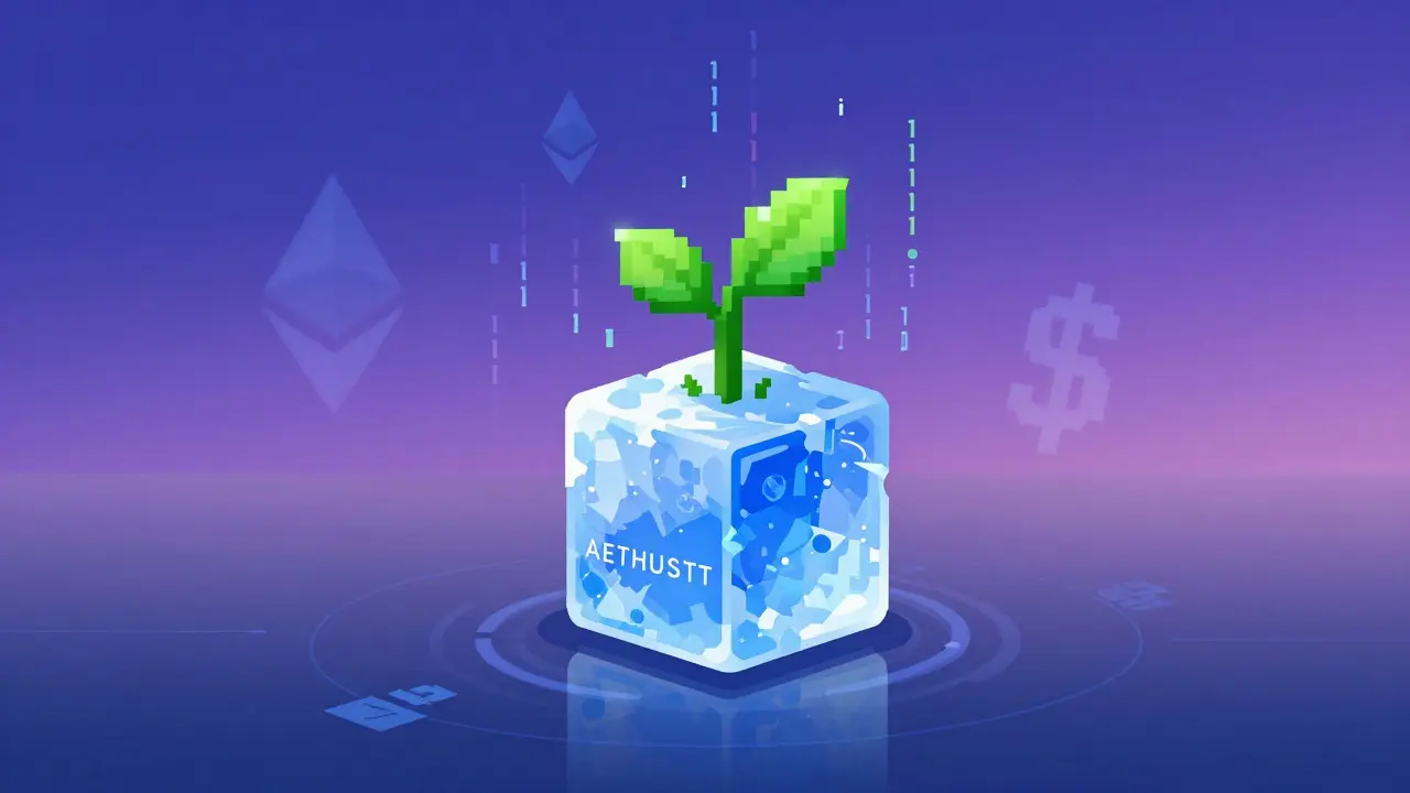 Pixel art of an ice cube growing binary-code sprouts, symbolizing stable yield generation.