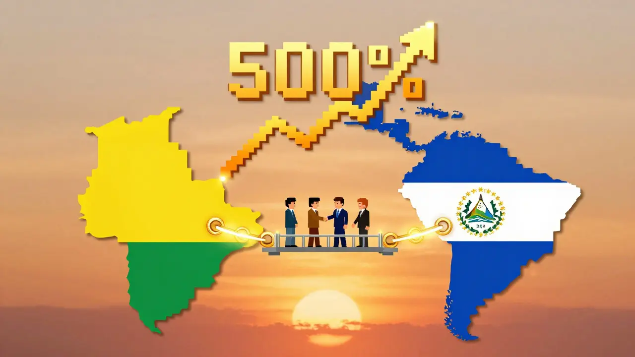 Pixel art of Bolivia-El Salvador crypto partnership and growth