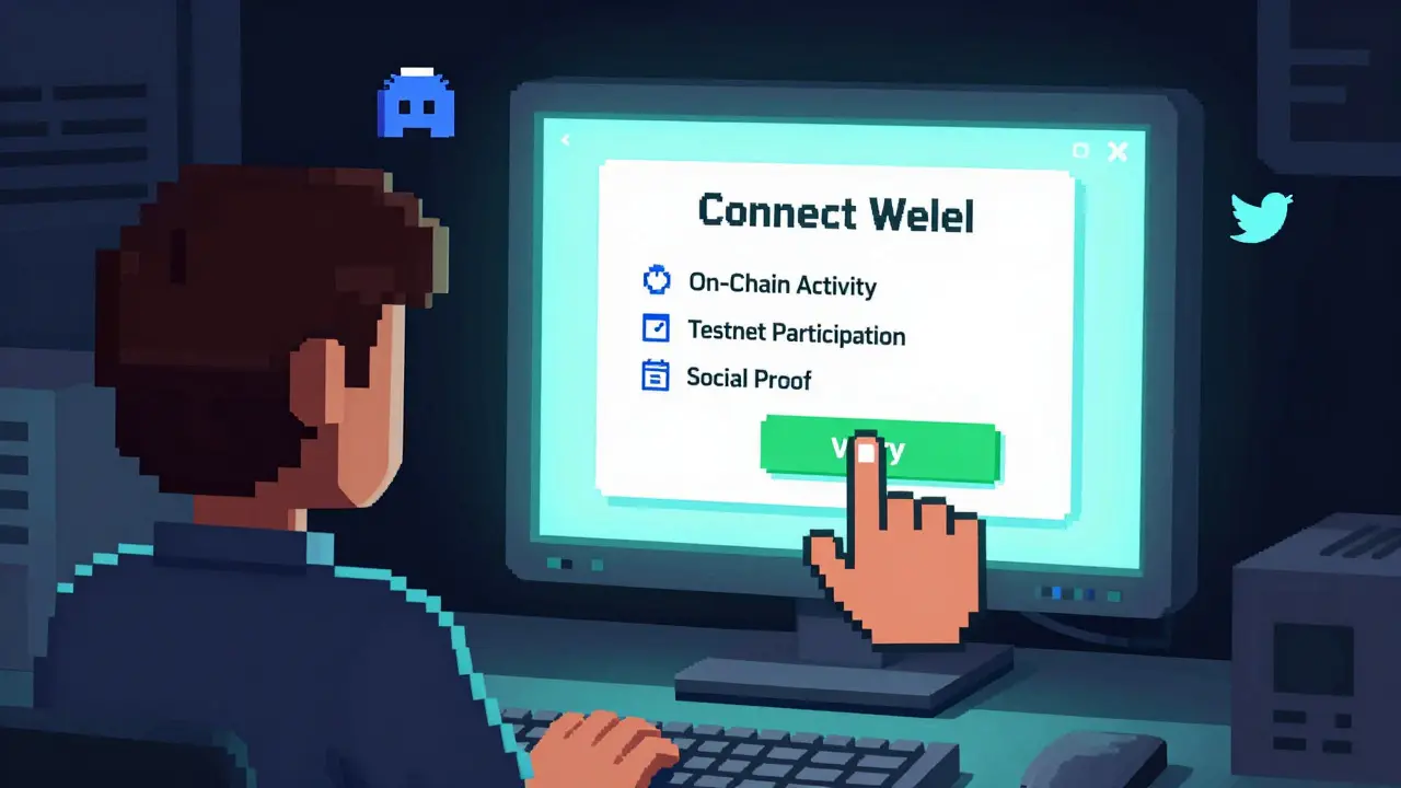Pixel art of checking airdrop eligibility on screen