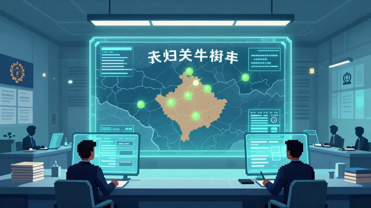 Pixel art of officials monitoring compliant mining operations on a map
