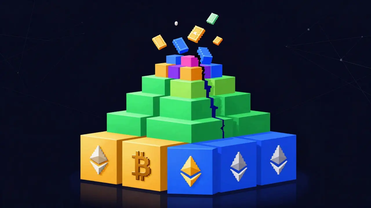 Pixel art pyramid showing large, mid, and small-cap crypto tiers with varying stability colors.