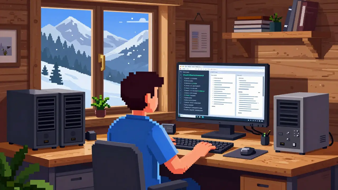 Pixel art scene of a crypto trader in a Swiss chalet with FINMA regulations on screen.
