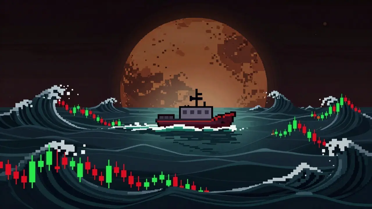 Pixel art ship navigating volatile market waves under a Mars-like planet