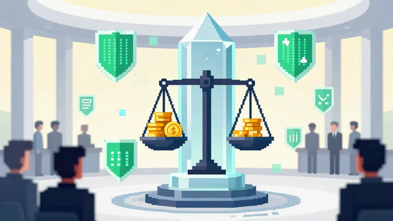 Pixel art showing a balanced scale of assets inside a transparent regulatory shield