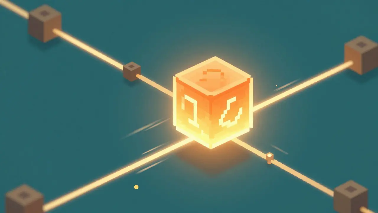 Pixel art showing a single transaction block connected in a linear chain
