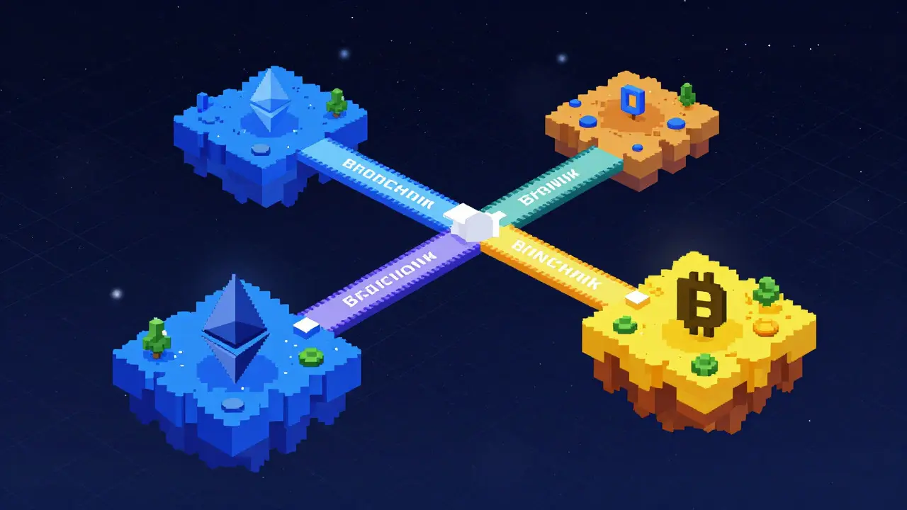 Pixel art showing colorful blockchain islands connected by fast asset bridges