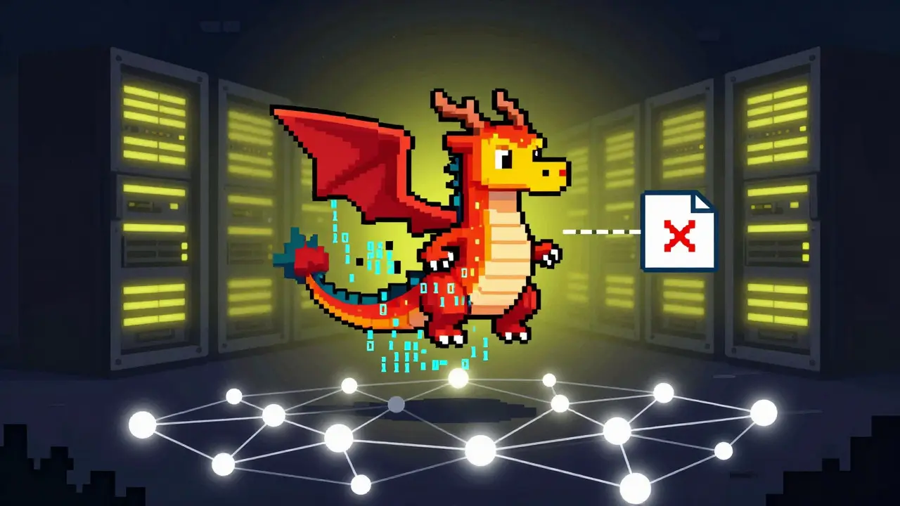 Pixel art showing NFT data loss from broken server links vs IPFS