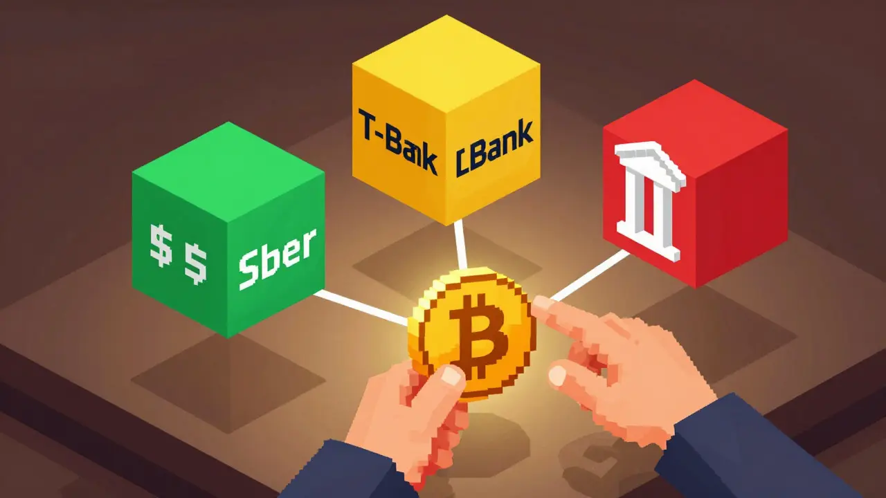 Pixel art showing P2P trading with colored bank icons connecting to Bitcoin.