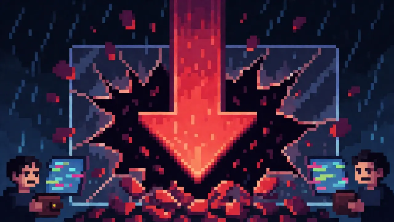 Pixel art showing red crash arrow shattering trading interface amid panic
