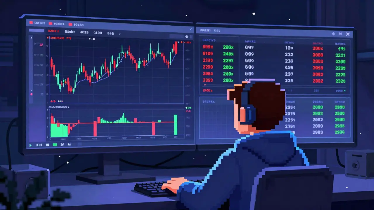 Pixel art trader analyzing leveraged futures charts on glowing monitors.
