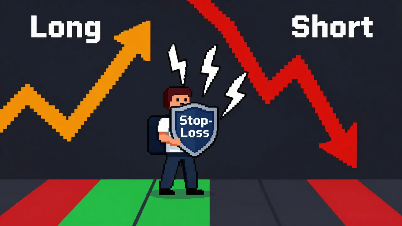 Pixel art trader using stop-loss shield against market volatility arrows