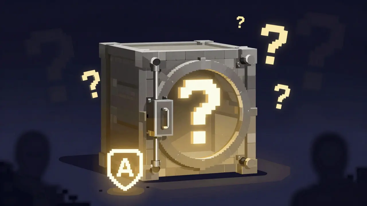 Pixel art vault with question marks symbolizing missing proof of reserves.