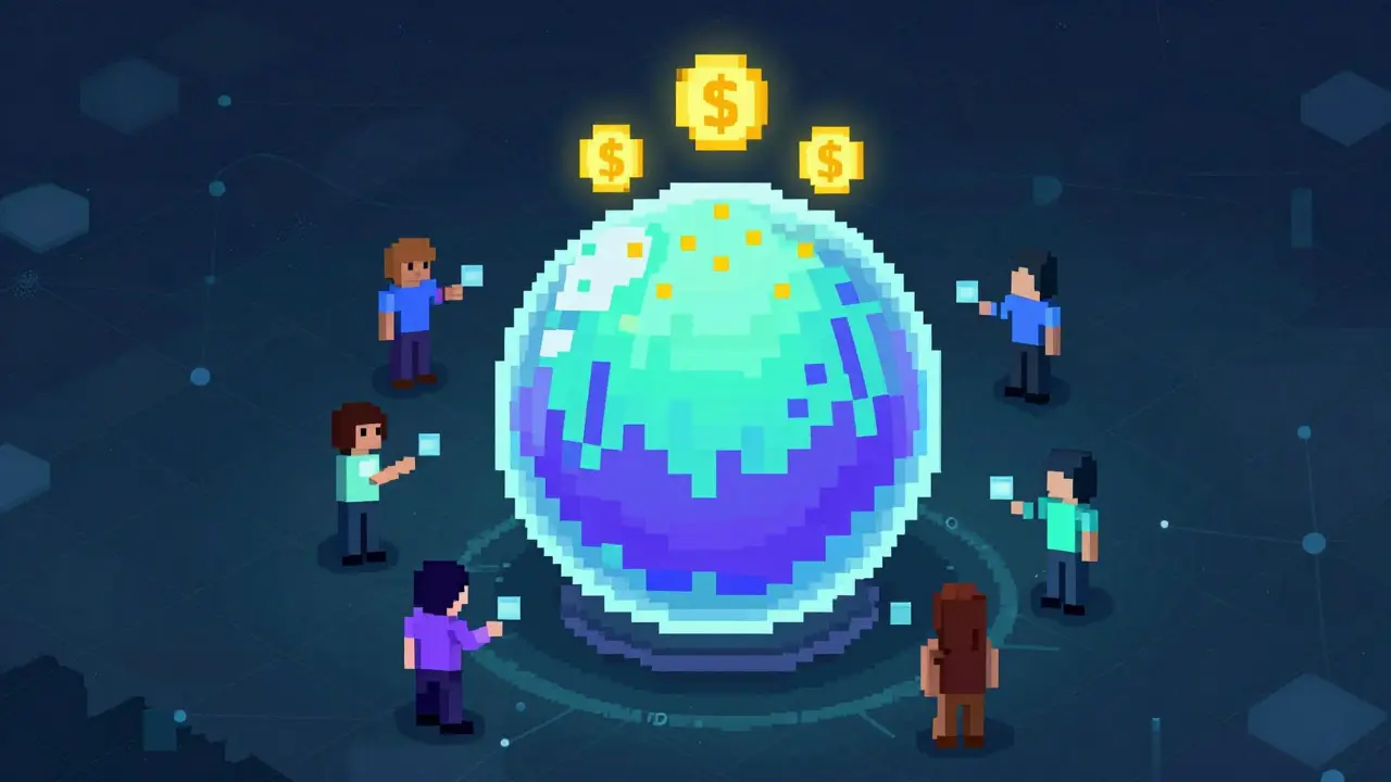 Pixel art visualization of a central liquidity pool with users adding value