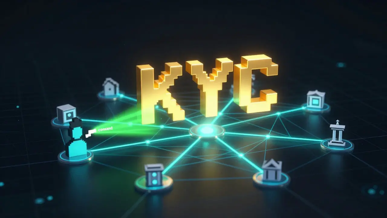 Pixel art visualization of a cryptographic hash connecting multiple nodes in a blockchain network
