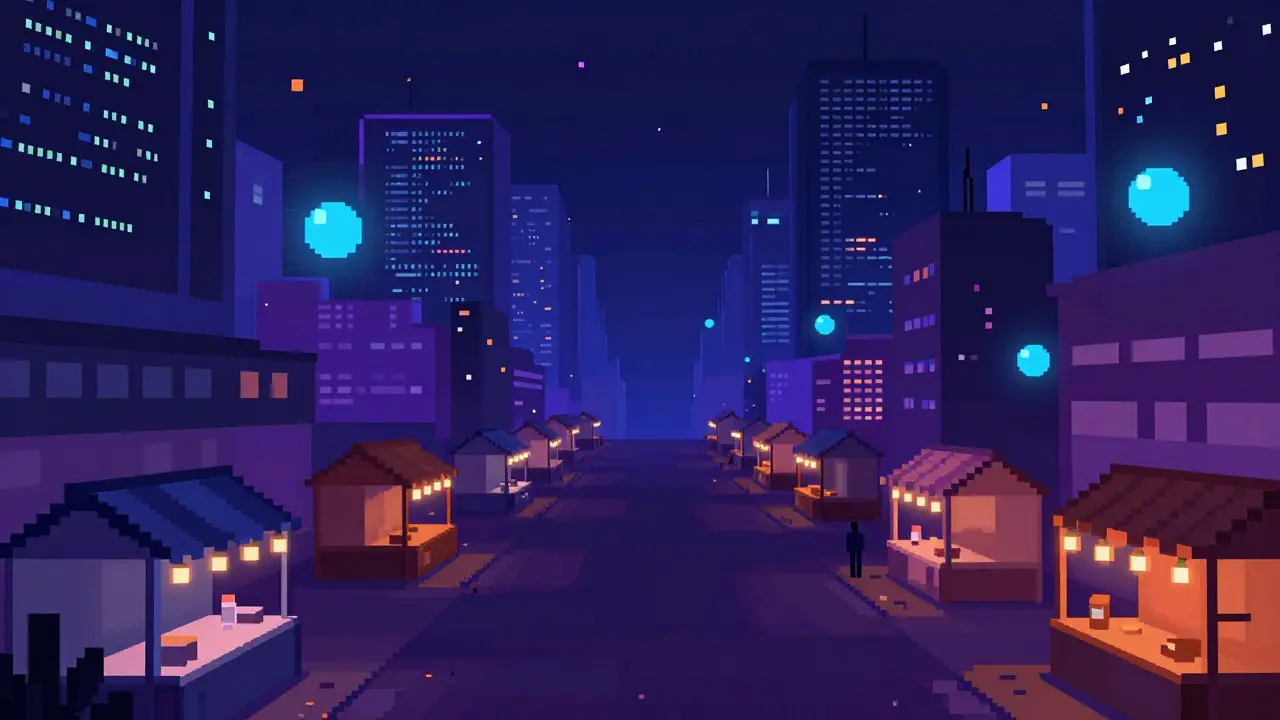 Retro pixel art of a dark, empty digital market with few glowing tokens