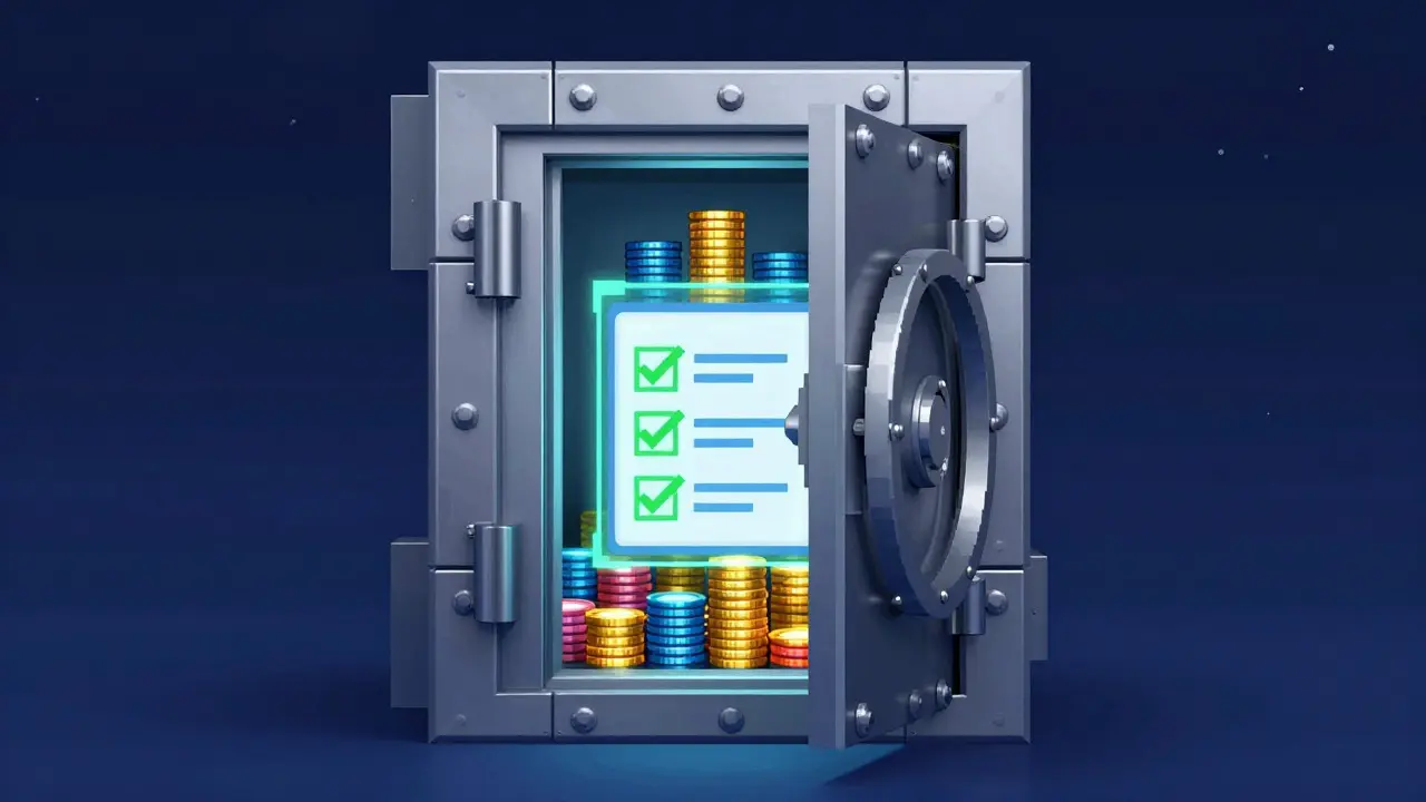 Secure pixel art vault door with glowing coins and green checks