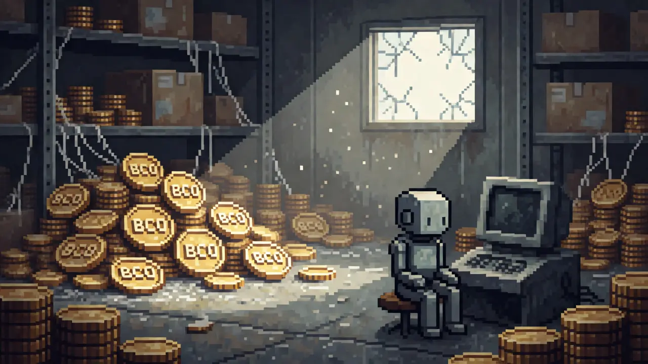 Abandoned vault filled with dusty BridgeCoin tokens and idle robots