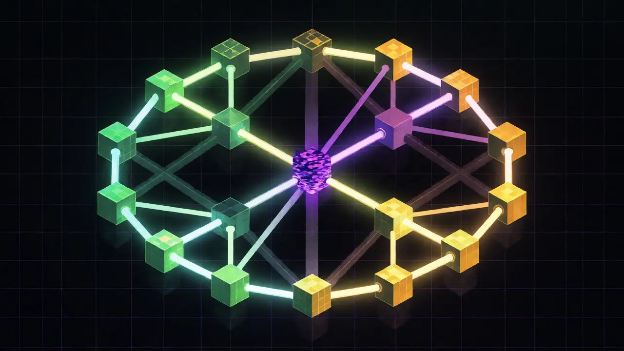 Abstract pixel art network nodes connecting in a consensus voting mesh
