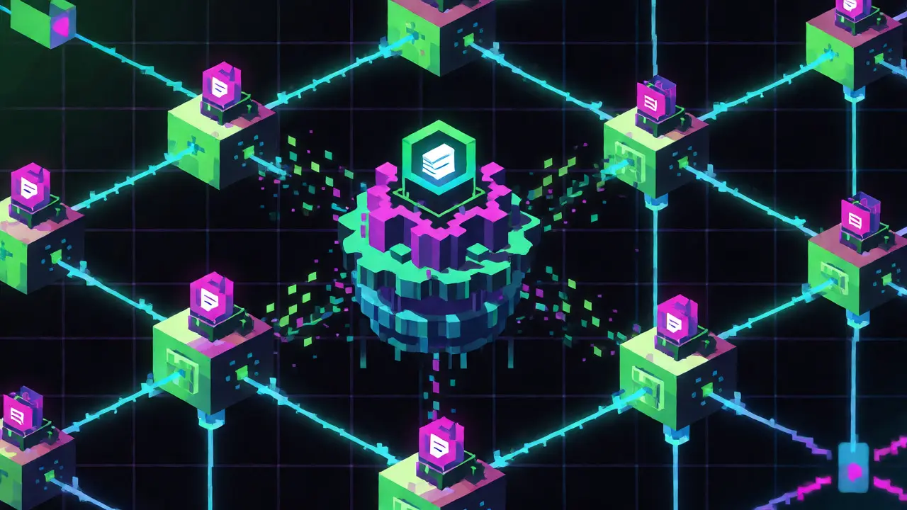 Abstract pixel art network of nodes representing DAO governance