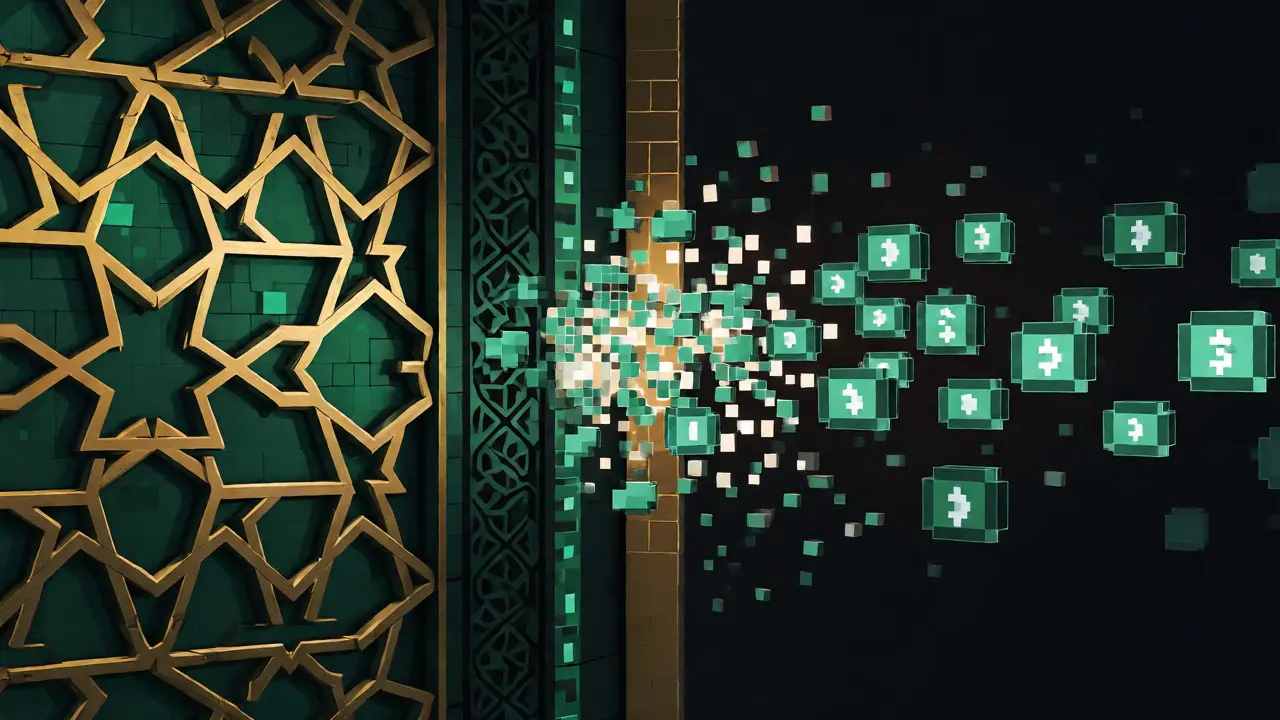 Abstract pixel art showing Islamic patterns blocking fragmented crypto blocks.