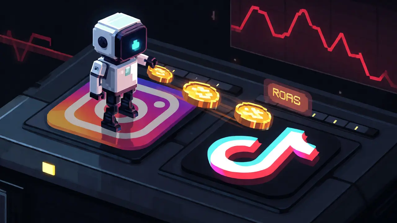 Autonomous AI agents reallocating ad budgets between social platforms in pixel art style