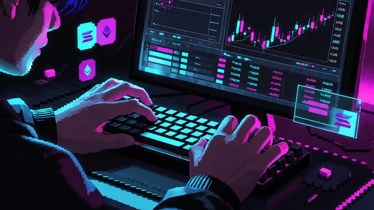 Close-up pixel art of a trader analyzing NFT market data on a futuristic holographic dashboard.