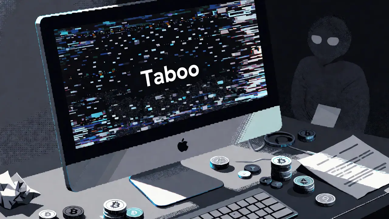 Glitched computer screen showing static placeholder image amidst scattered coins