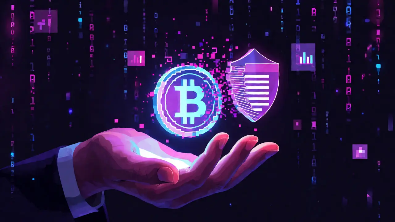 Glowing Bitcoin transforming into digital financial assets in pixel art style