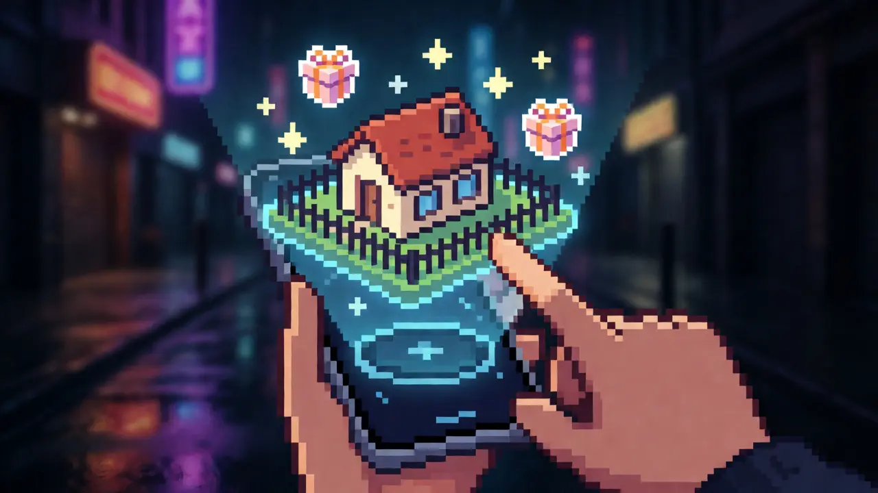 Hand holding AR device projecting a holographic pixel-art land plot with floating gift icons and sparkles.