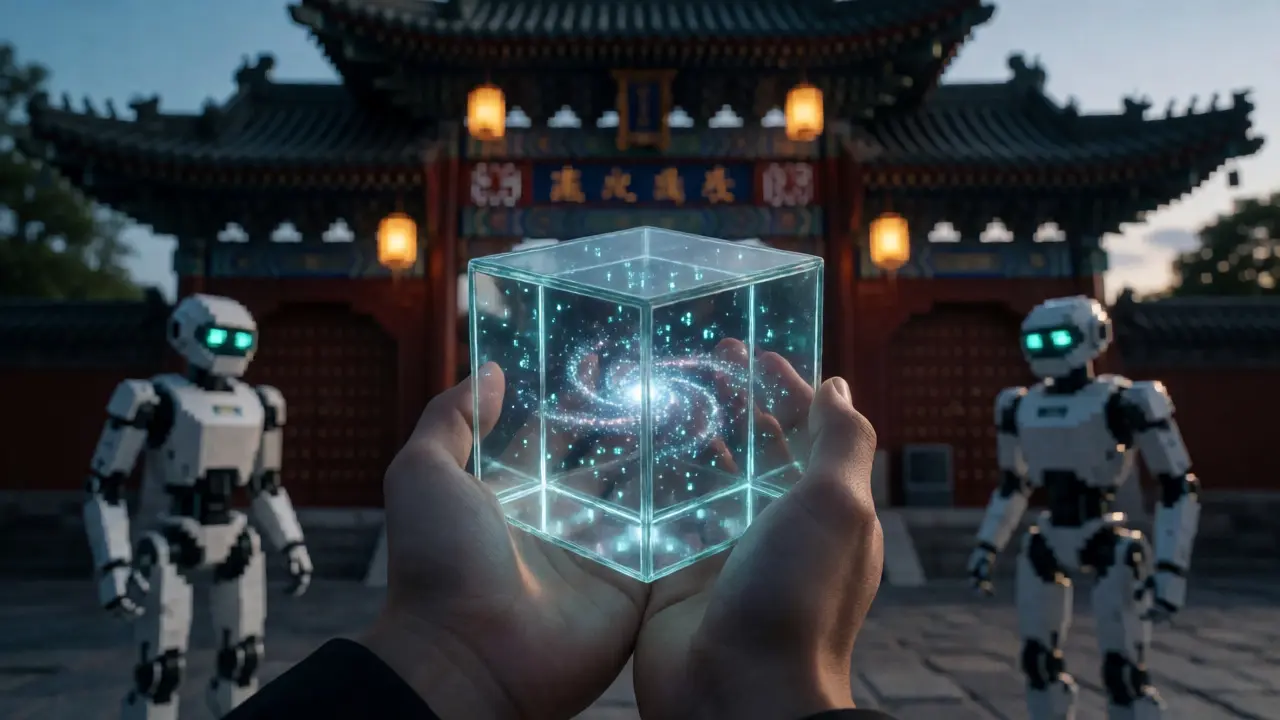 Hands holding a data cube in front of a guarded pixelated traditional gate.