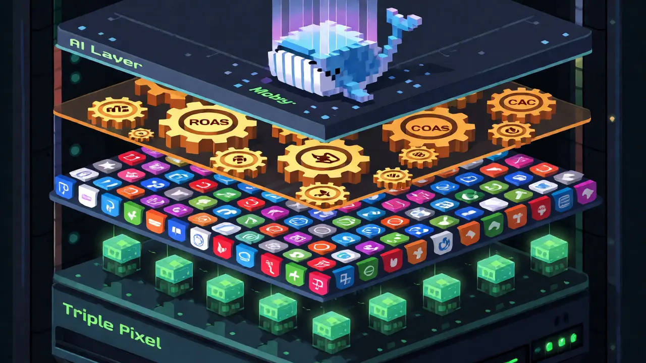 Isometric pixel art diagram of Triple Whale's four-layer technical architecture stack