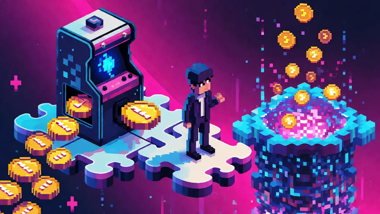 Isometric pixel art showing ETH converting to LSD tokens for yield stacking.