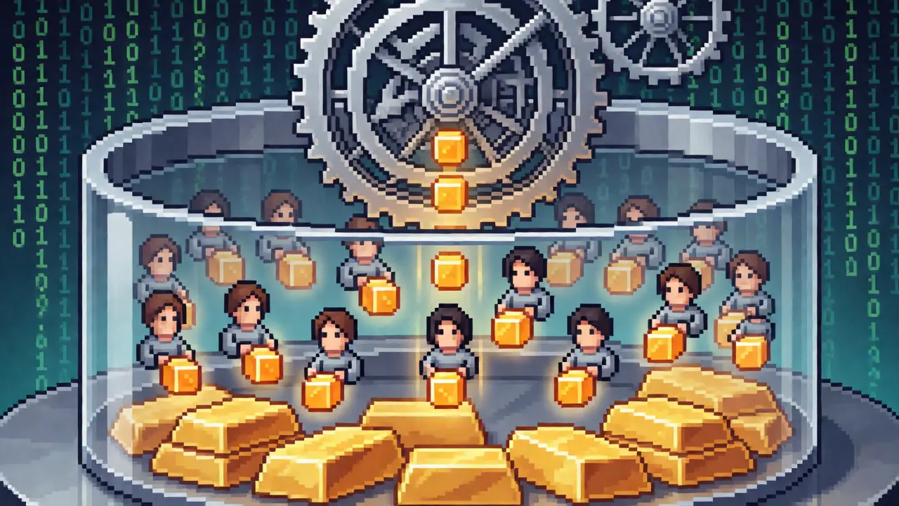 Isometric pixel view of a staking pool distributing rewards to user avatars.