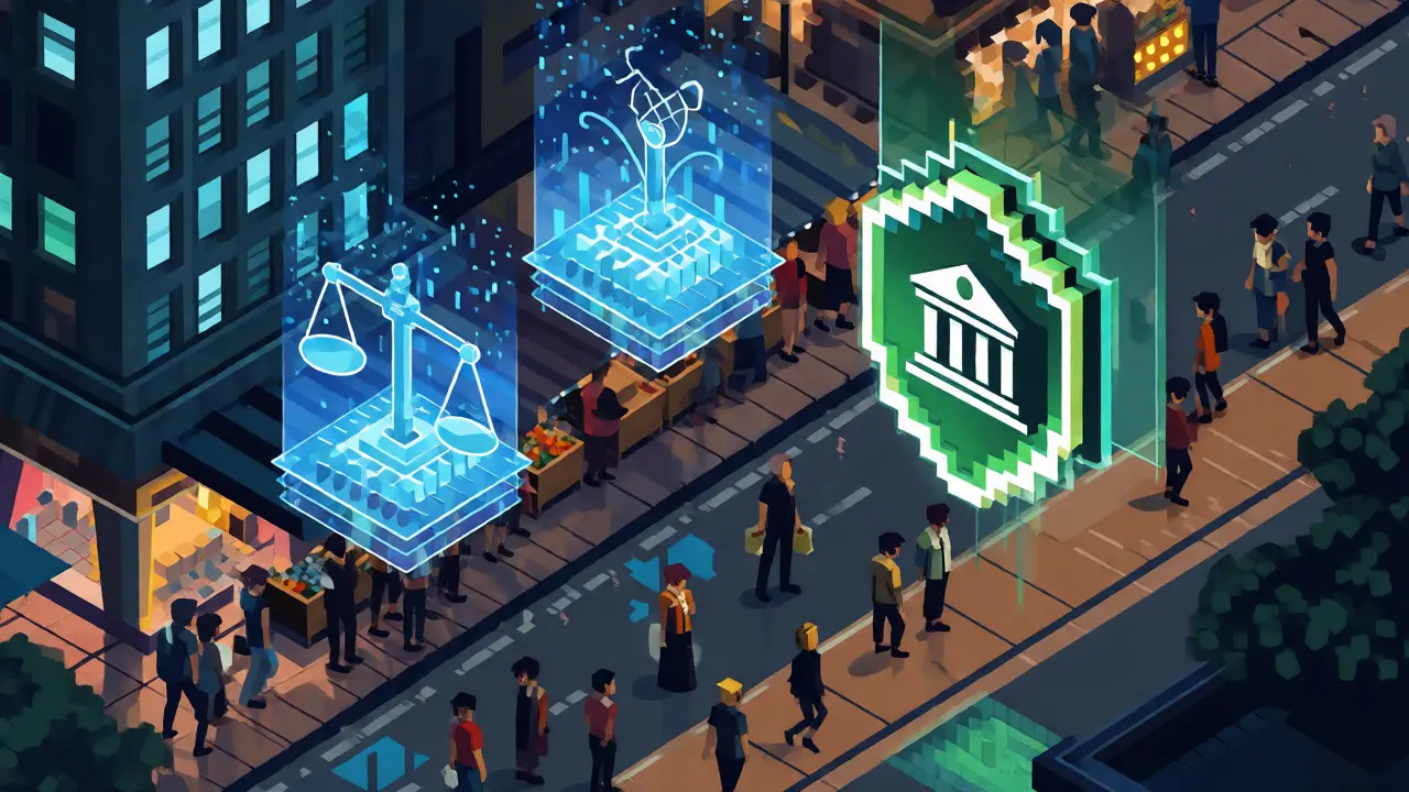 Jakarta night scene with holographic regulatory symbols shifting to OJK