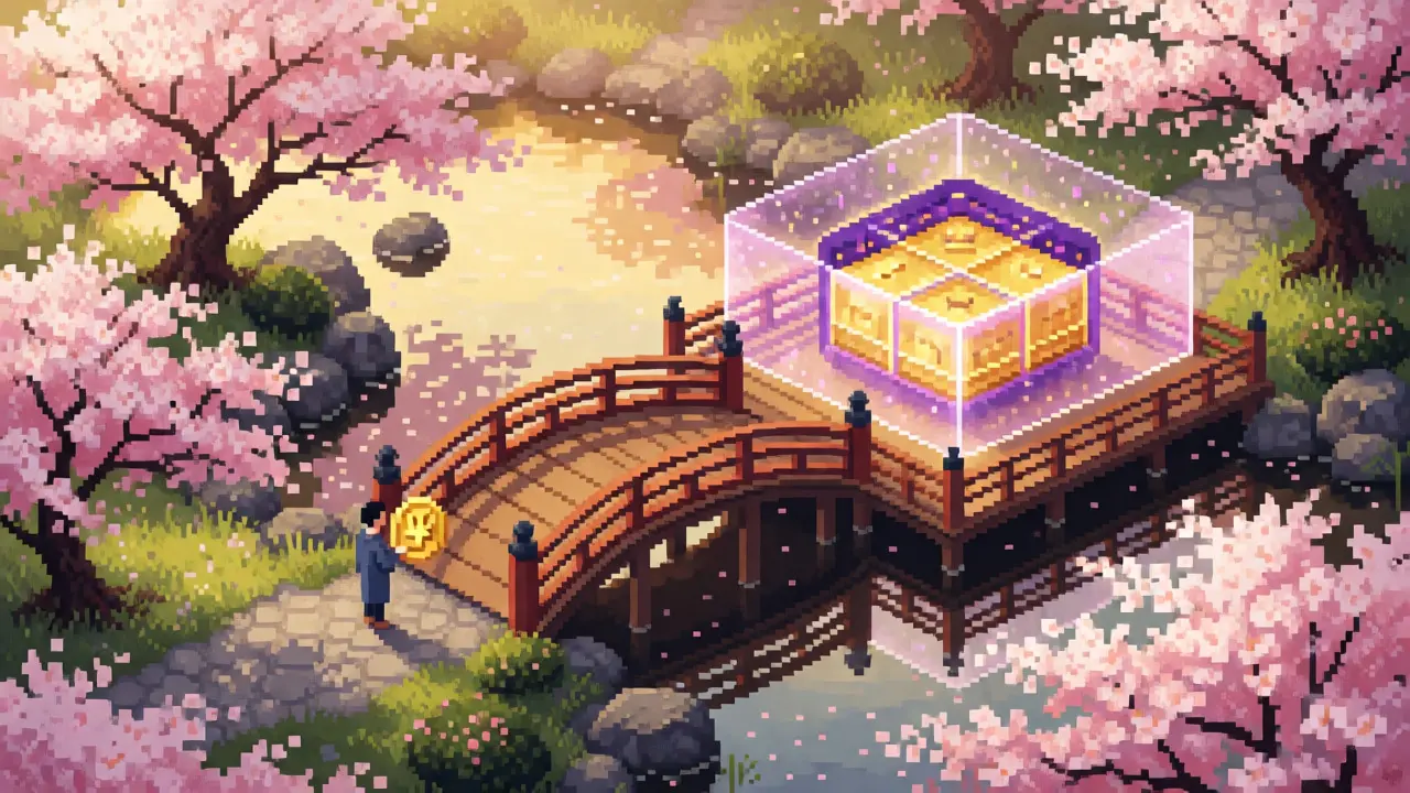 Japanese garden with digital marketplace behind energy barrier