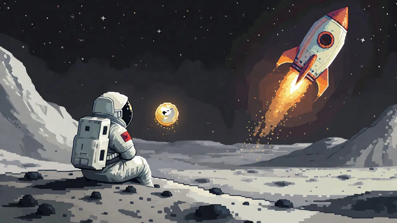 Lone astronaut on the moon watching a fading token and distant rocket