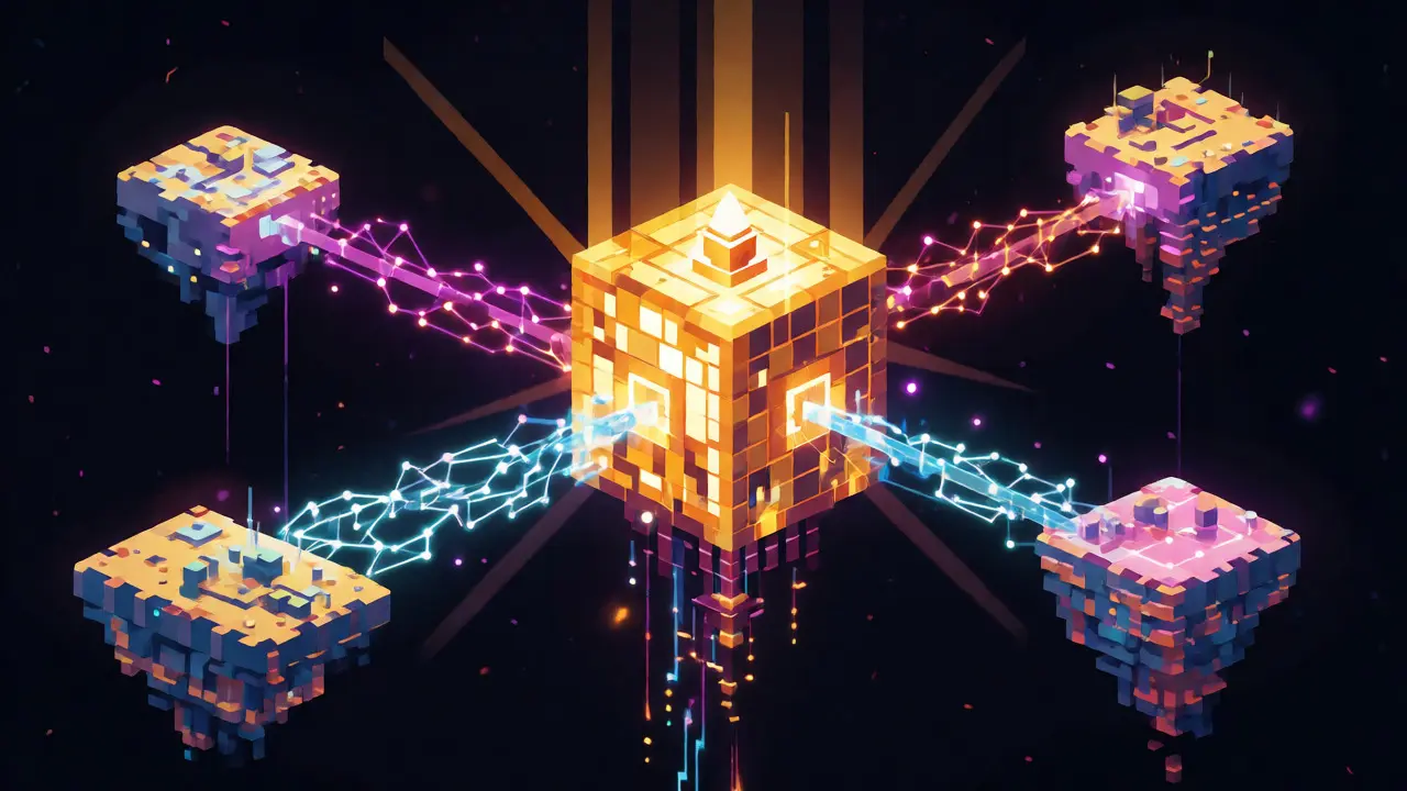 Pixel art depicting restaking where one asset secures multiple networks