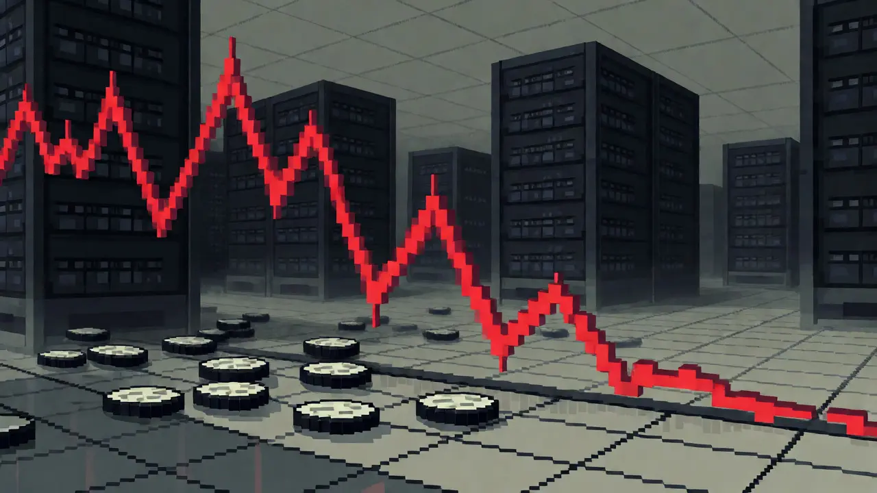 Pixel art graph showing a sharp price drop with scattered coins on a grey grid.